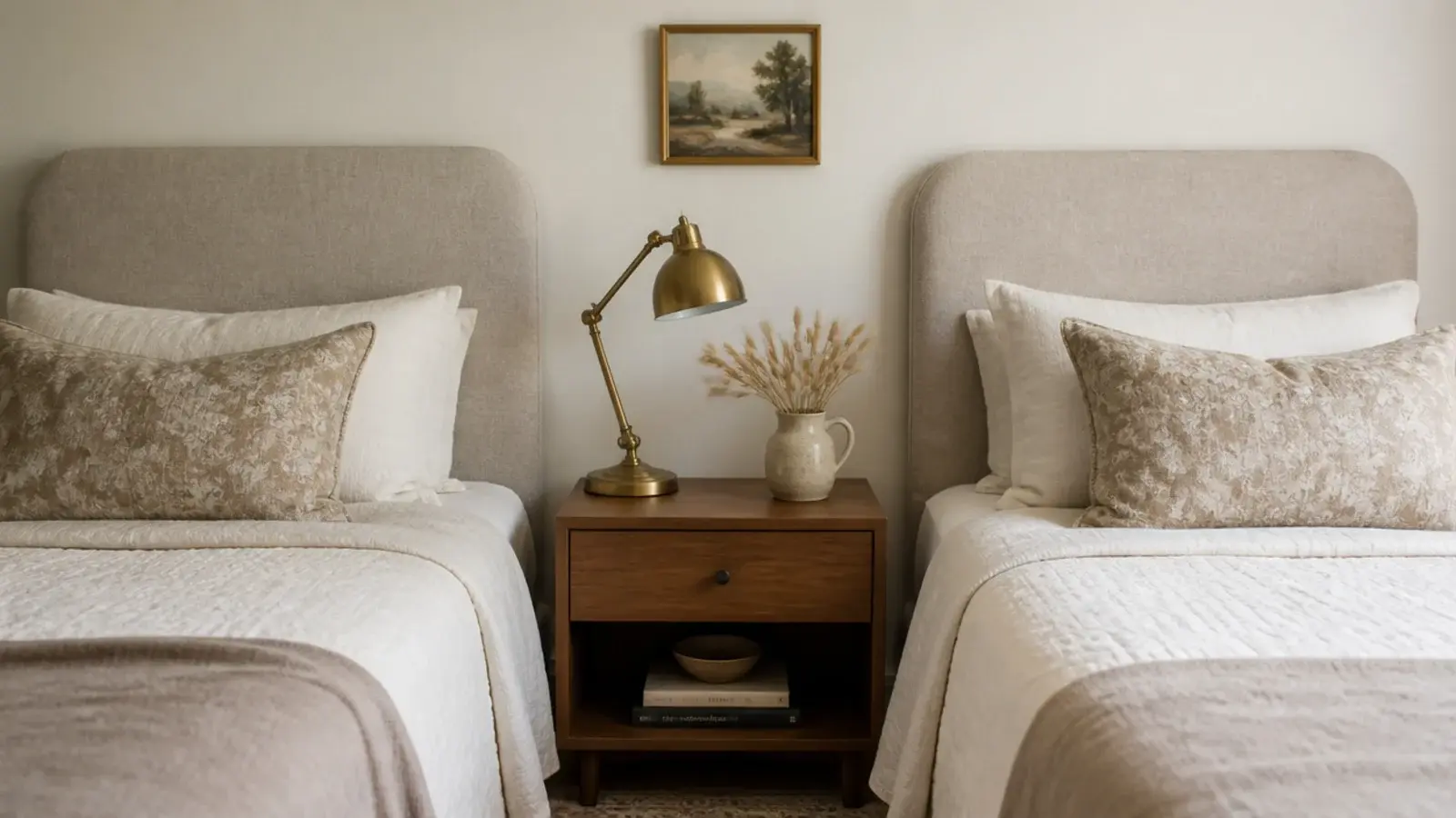 matching pair of small upholstered headboards above two twin guest beds