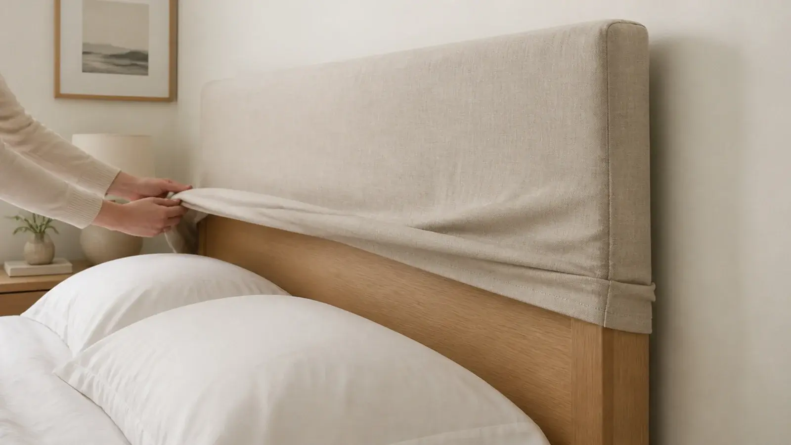 fabric slip on cover pulled over a plain wooden headboard in a rental