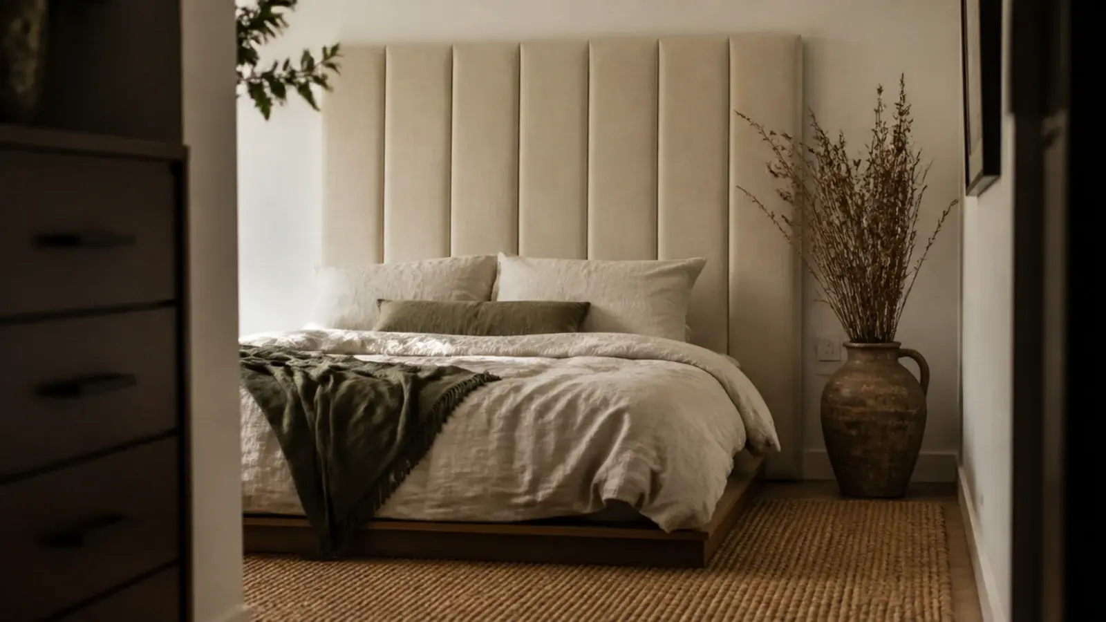 freestanding padded panel leaning behind a bed with no wall fixings at all