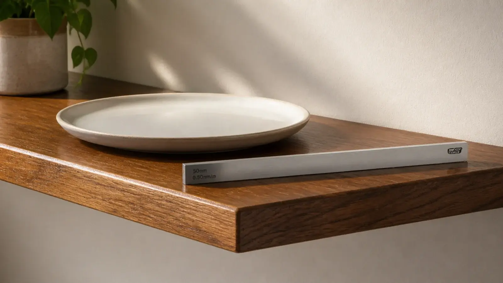 flat resealed kitchen shelf with a plate sitting level on the surface
