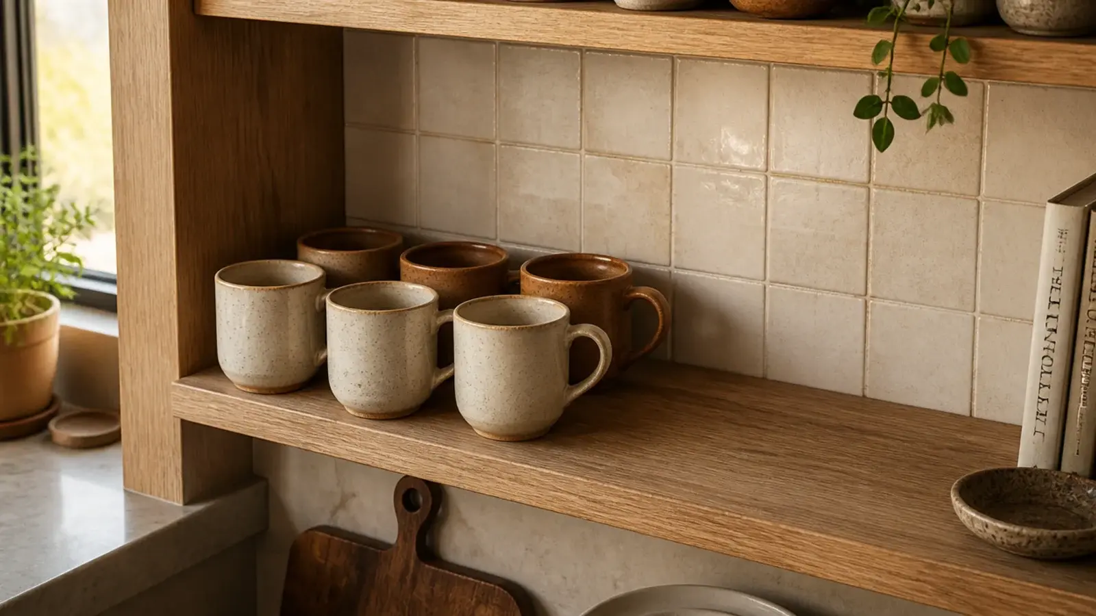 six matching stoneware mugs neatly grouped on an open kitchen shelf