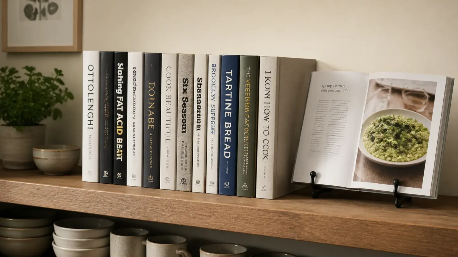 cookbooks relocated to a kitchen shelf far from the cooking zone