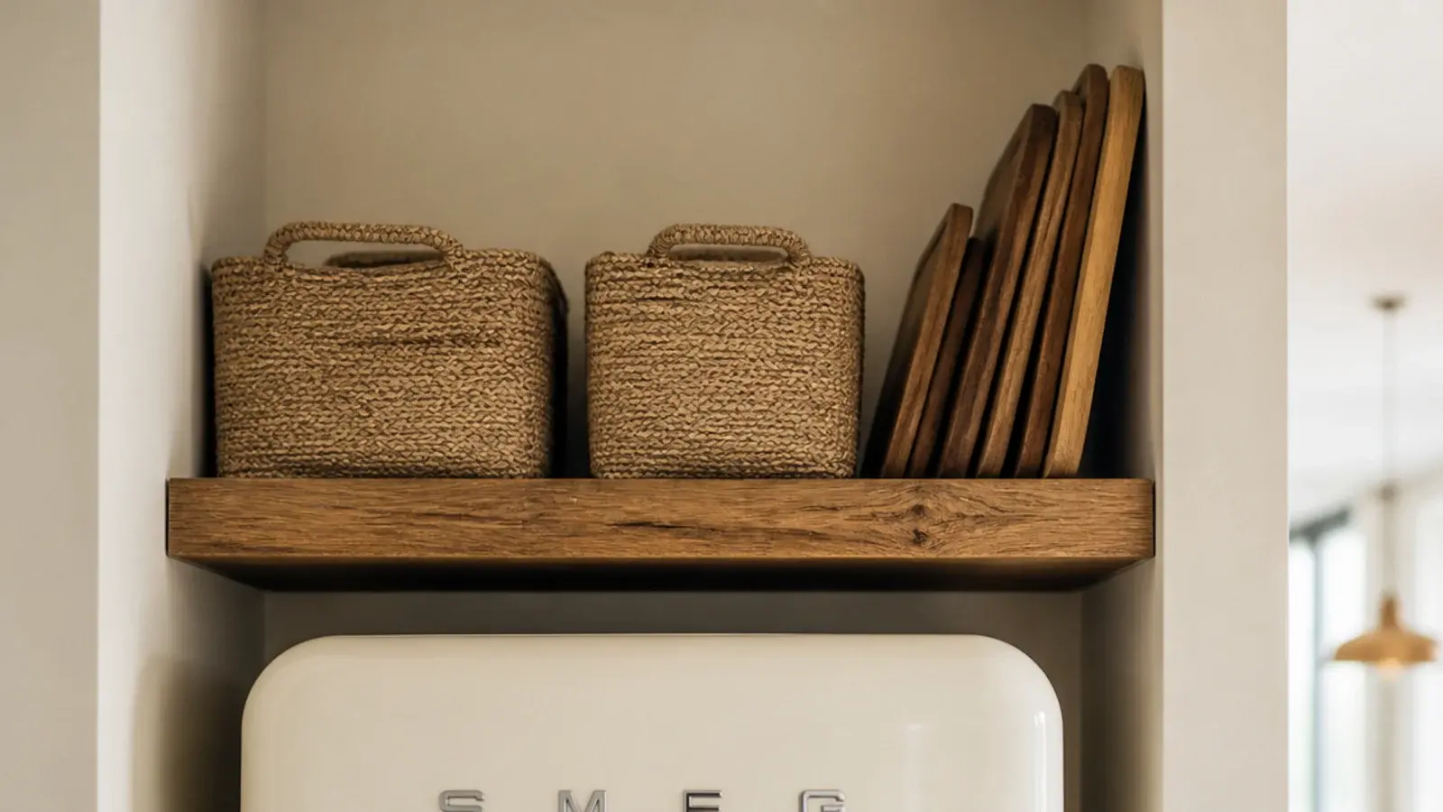 sturdy shelf fitted into the dead space above a kitchen refrigerator