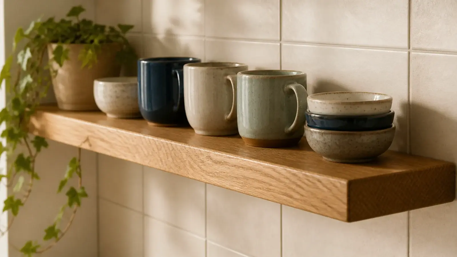 solid timber shelf replacing a coated wire rack in a kitchen