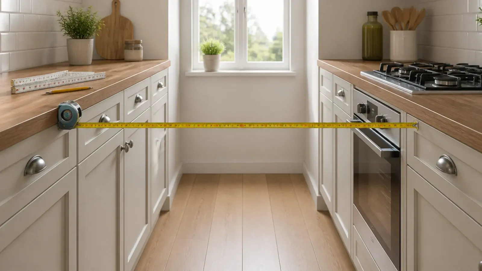 narrow kitchen walkway measured with a tape before shelves go up