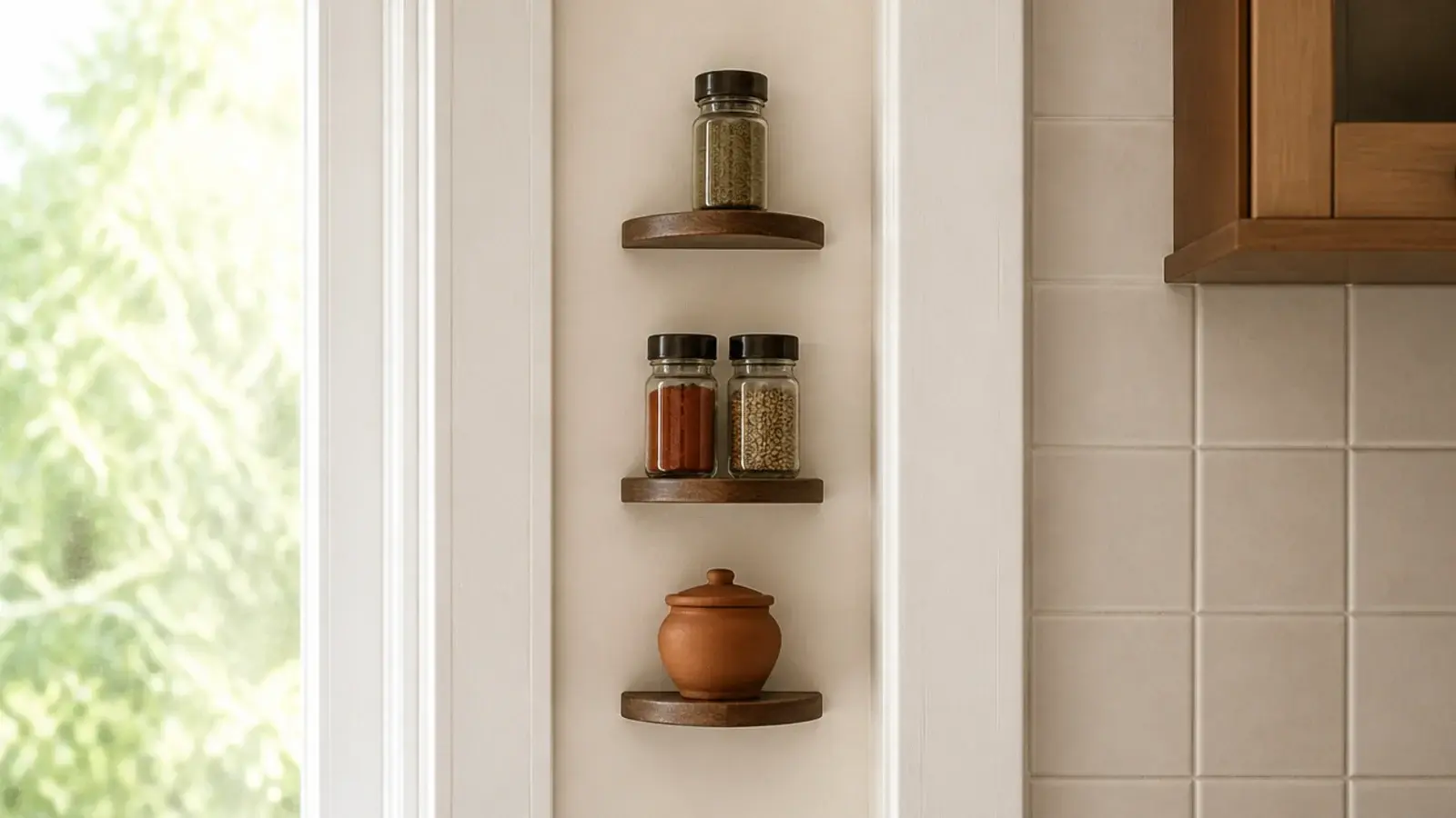 very narrow kitchen shelves fitted in a strip of wall beside a window