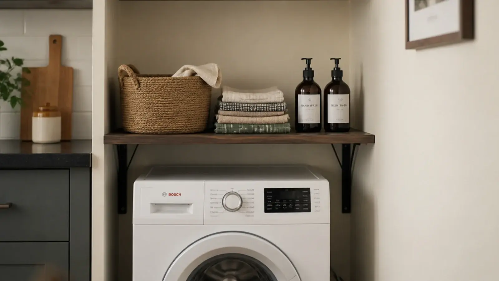 kitchen shelf mounted above a washing machine holding baskets and bottles
