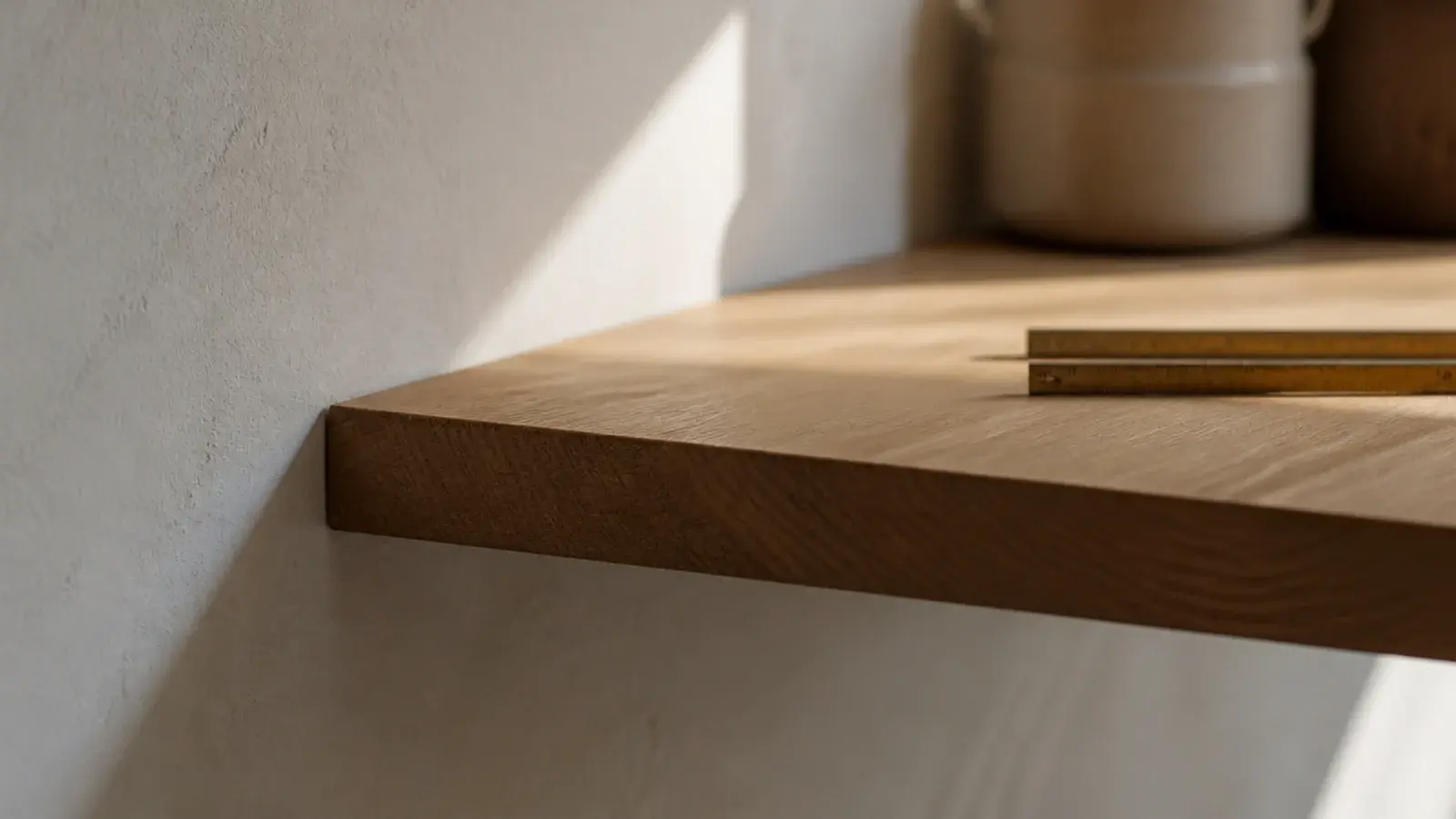 detail of a thick shelf edge and shadow line on a modern kitchen wall