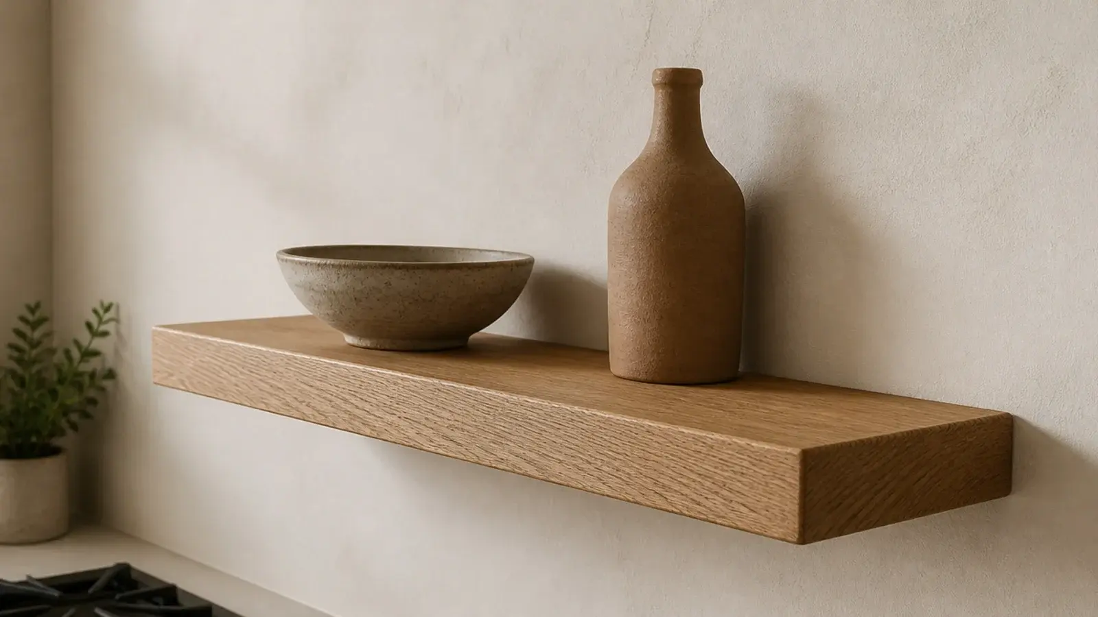 two inch thick oak slab shelf with crisp mitred edges in a modern kitchen