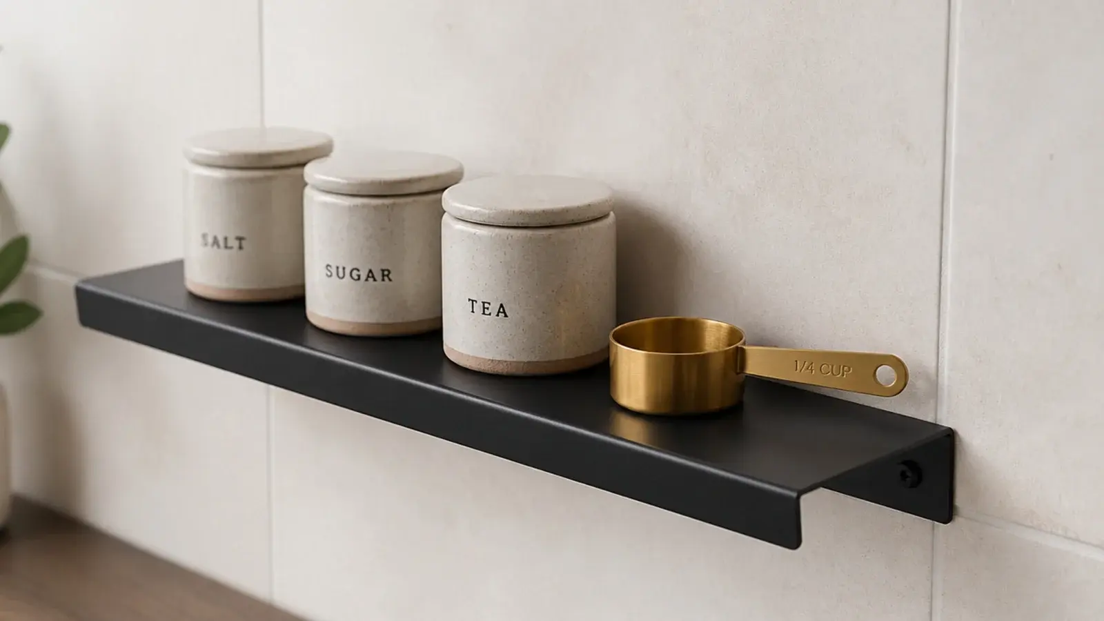 matte black steel channel shelf mounted on a pale modern kitchen wall