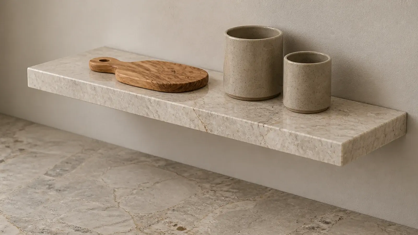 pale stone shelf matching the kitchen counter material above a work surface