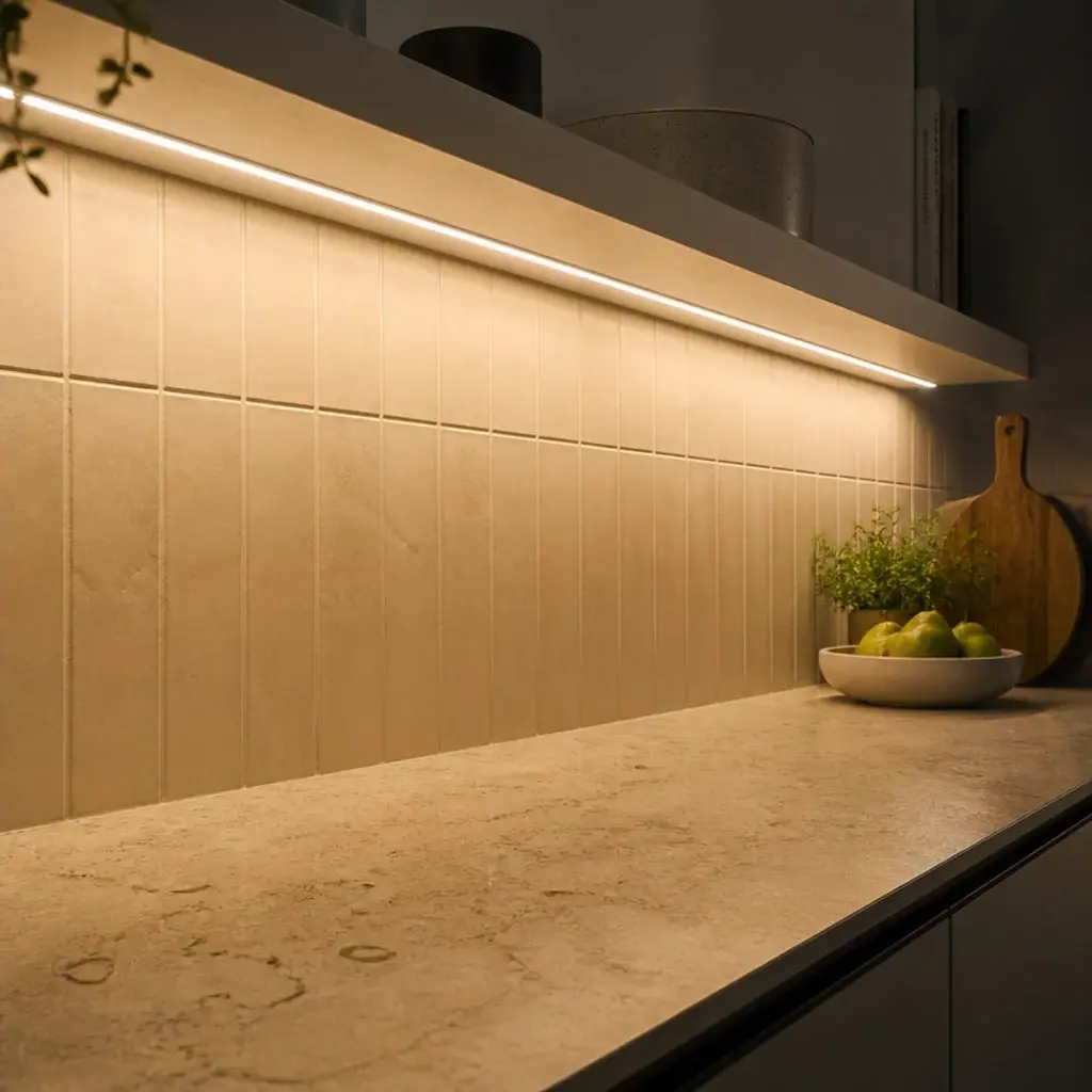 warm linear light under a modern kitchen shelf washing over the backsplash