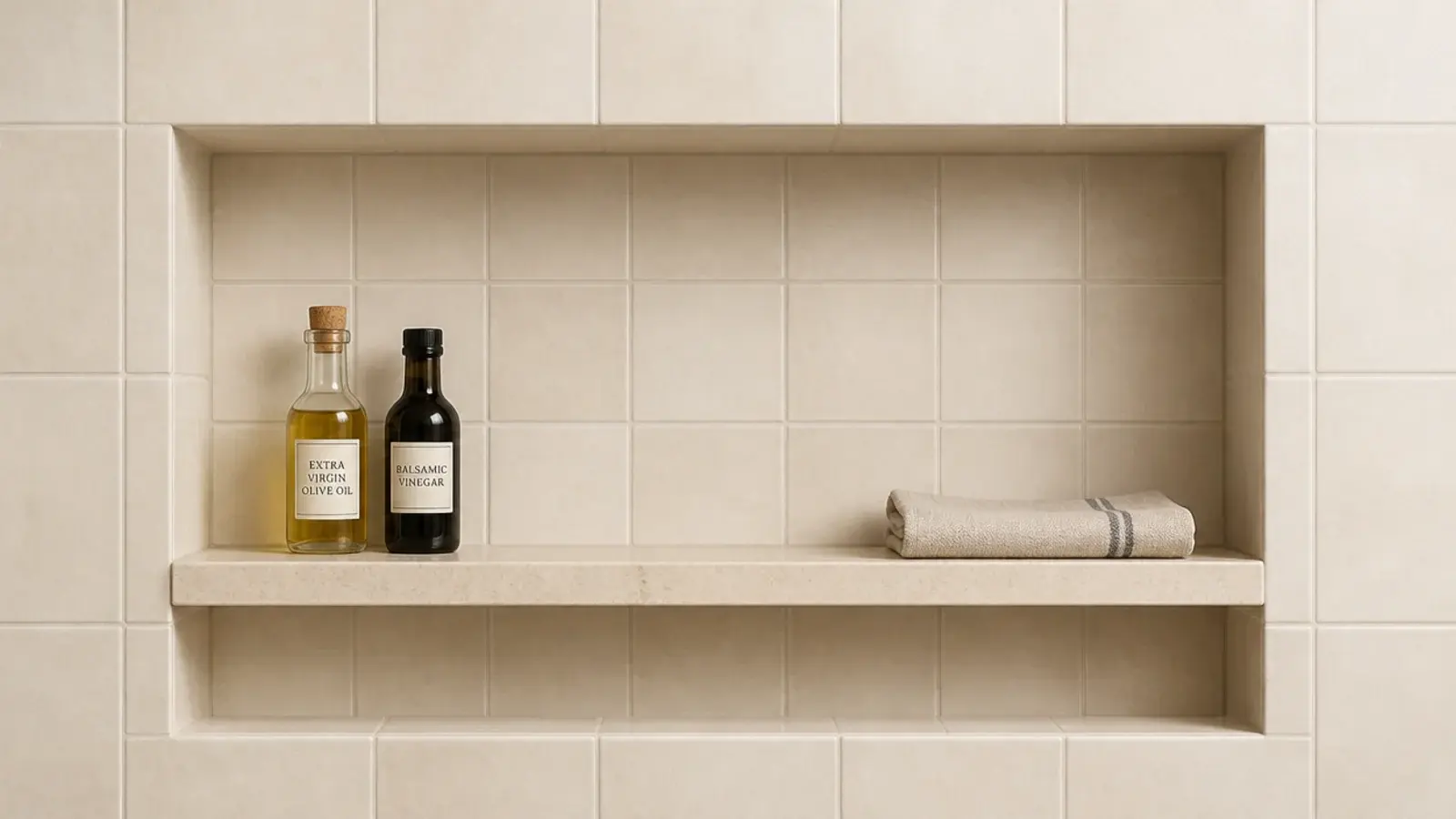 recessed tiled niche shelf set into a modern kitchen backsplash wall