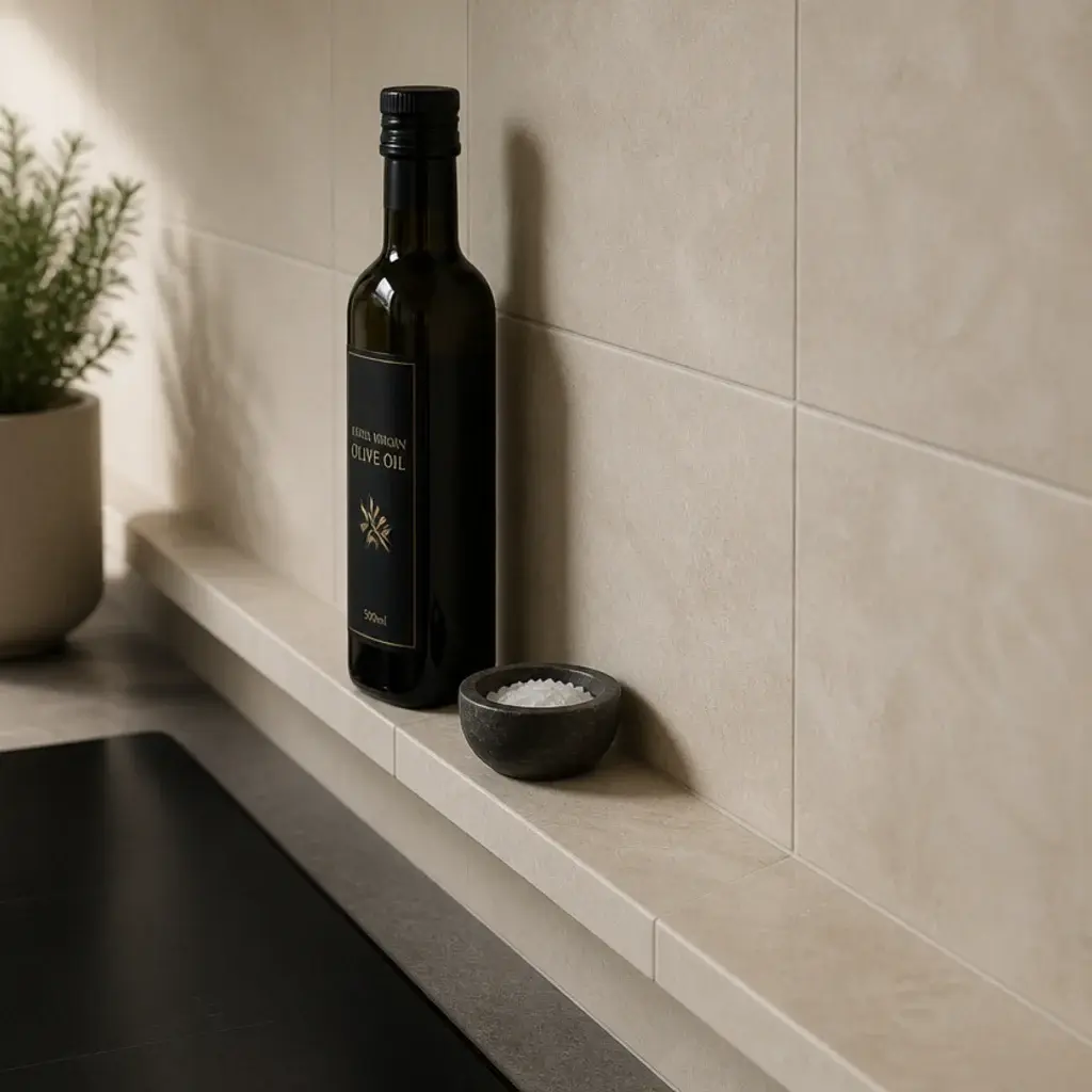 slim tiled ledge running along a modern kitchen backsplash holding oils