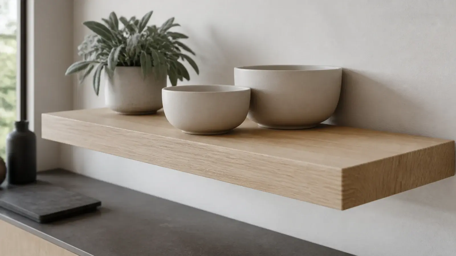 straight grained white oak shelf above a modern kitchen counter run