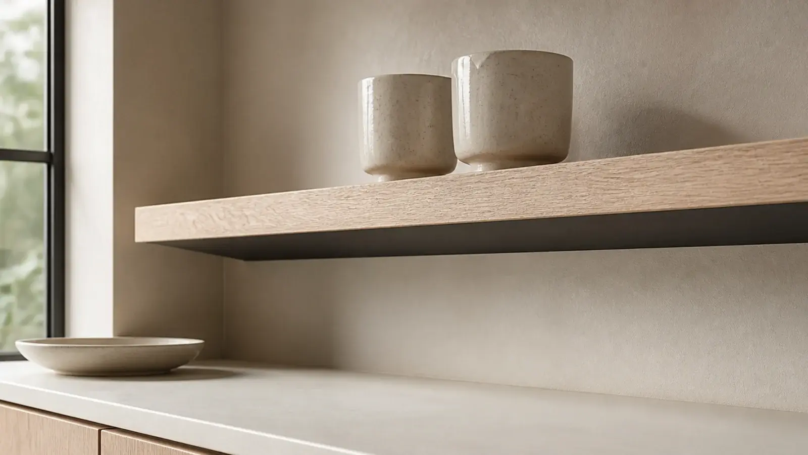 pale topped kitchen shelf with a dark painted underside above a counter