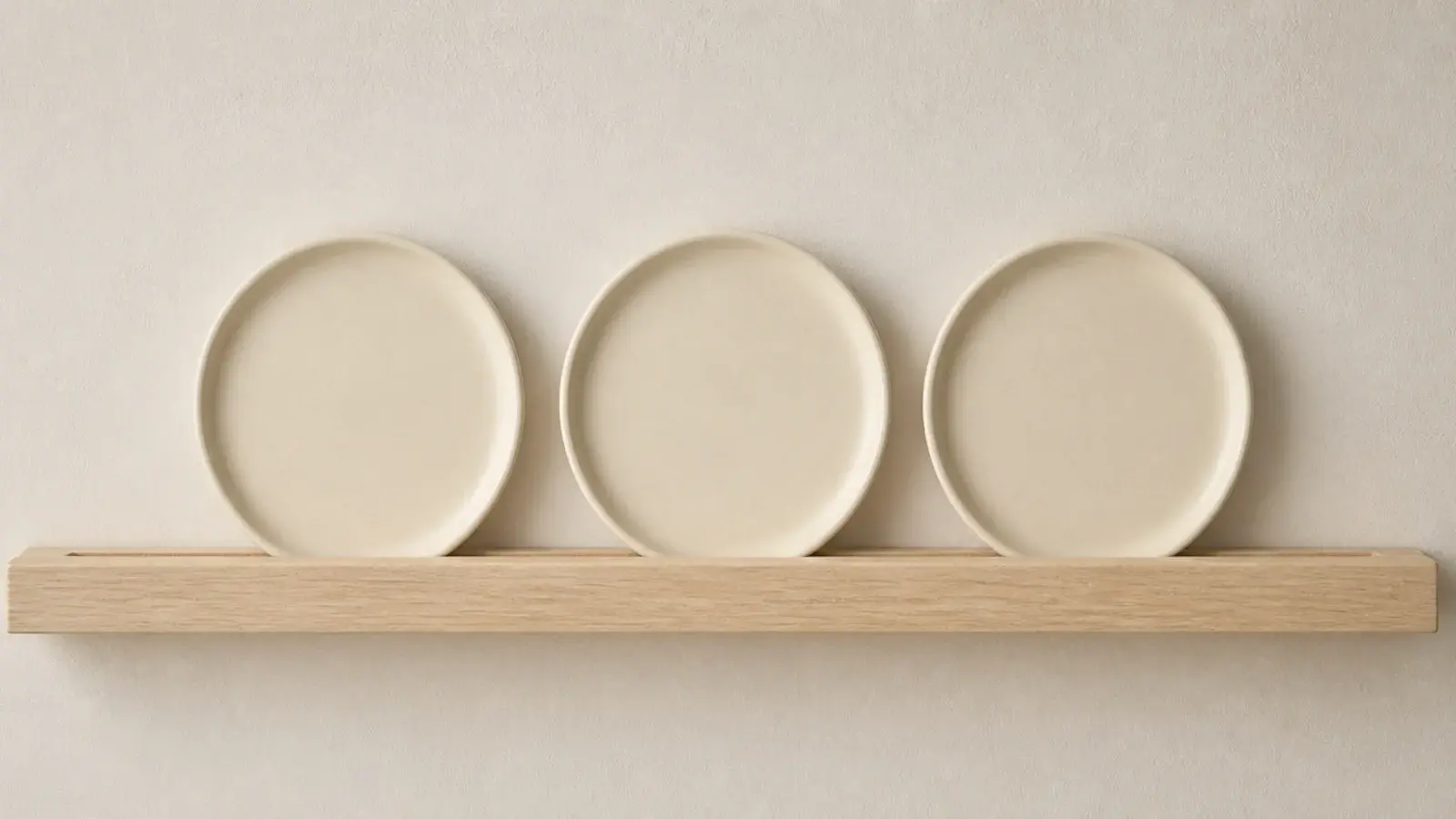 routed channel along a modern kitchen shelf holding plates upright