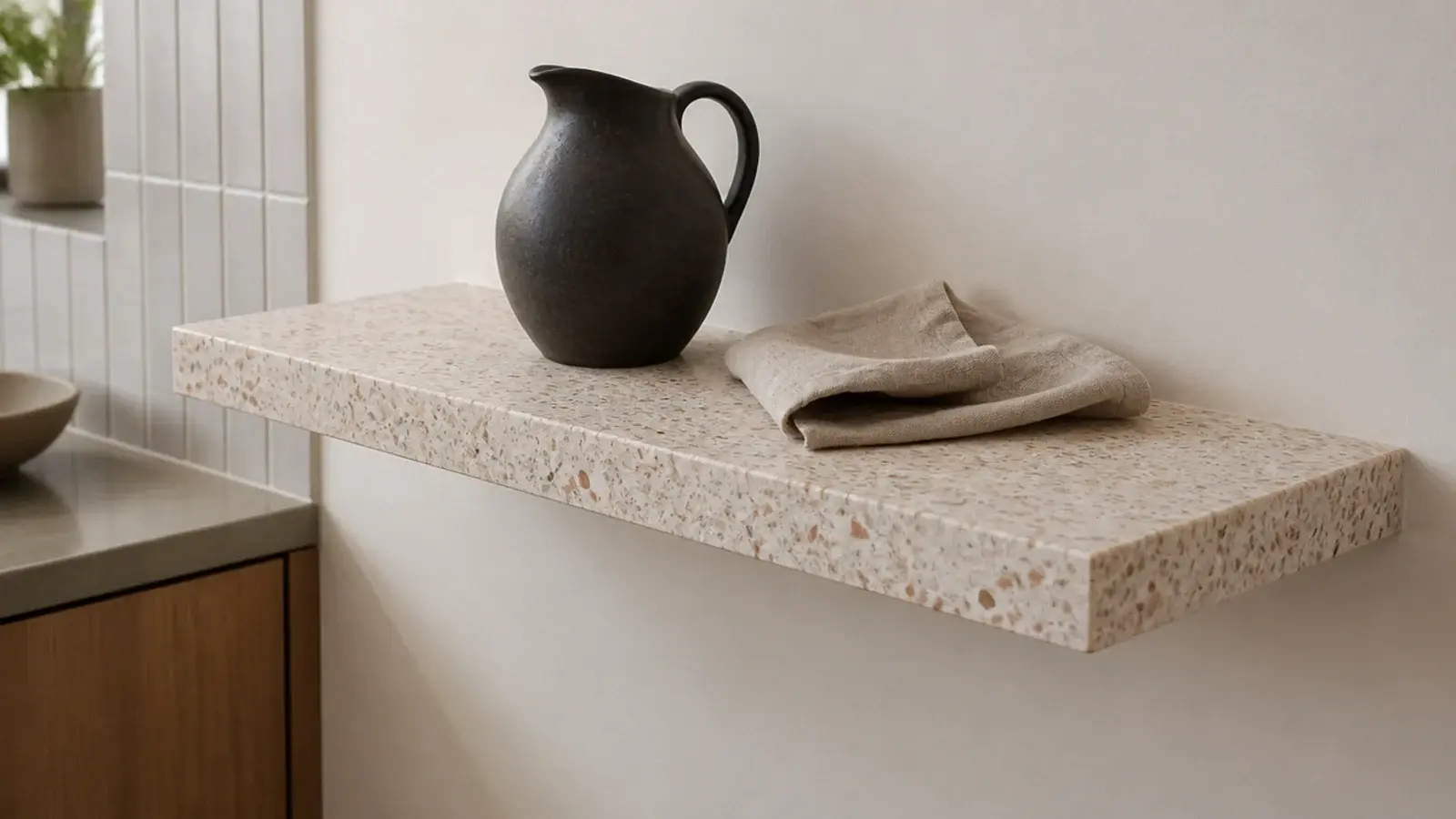 speckled terrazzo slab shelf mounted on a pale modern kitchen wall