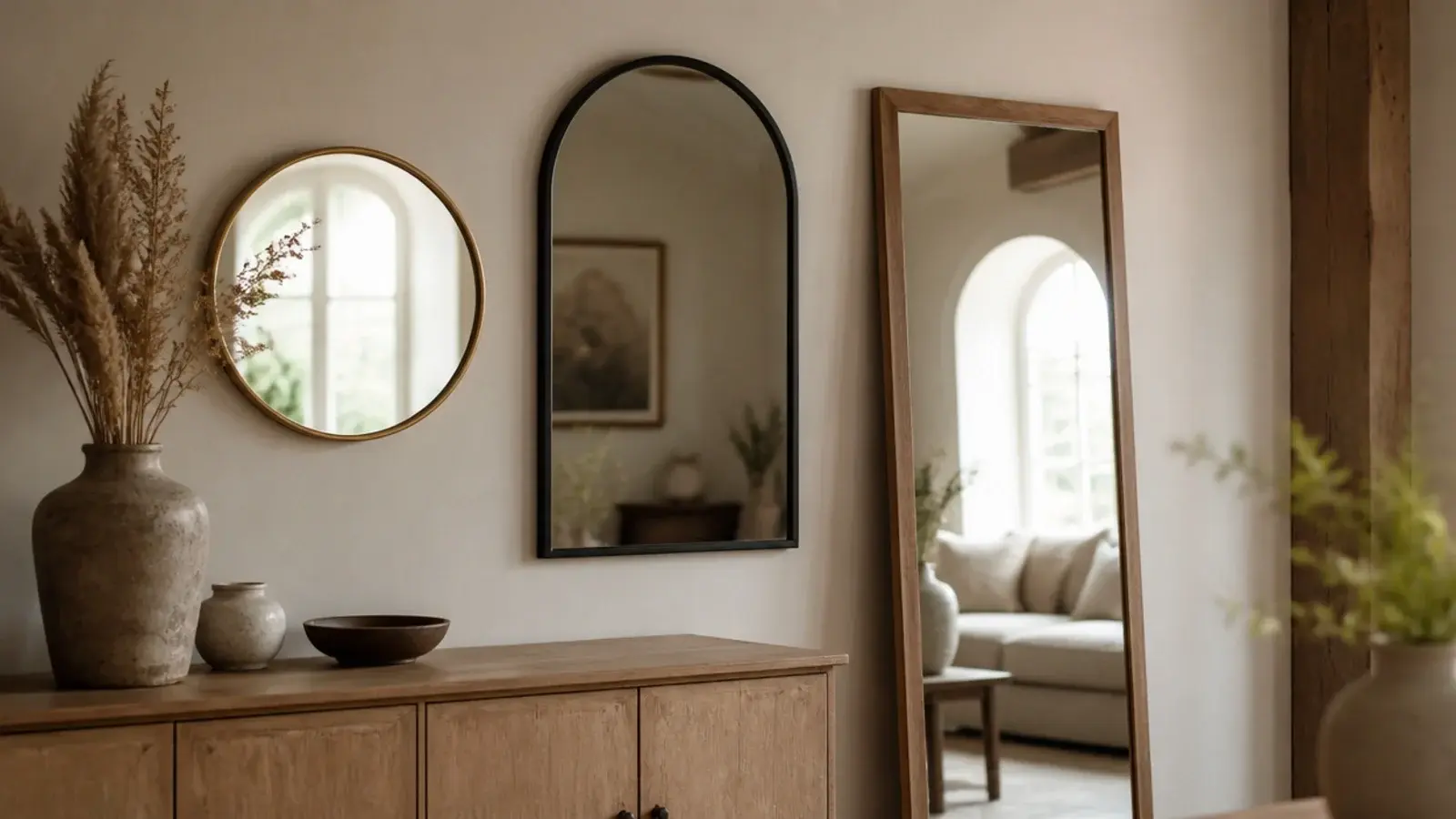 range of decorative wall mirrors in brass walnut and black frames displayed