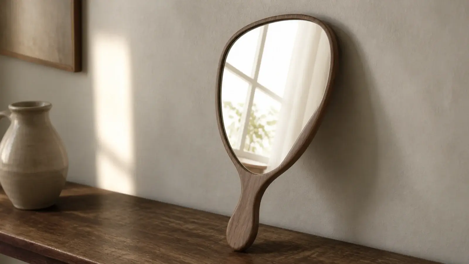 hand holding a small mirror up to test the reflection on a blank wall
