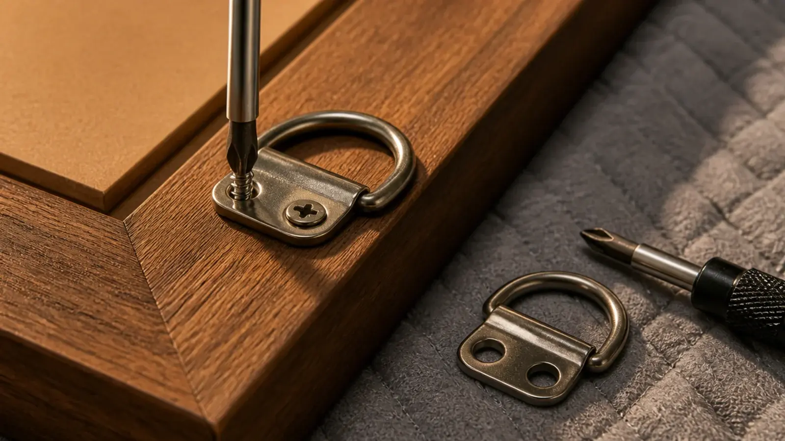 metal D-ring being screwed onto the back stile of a mirror frame