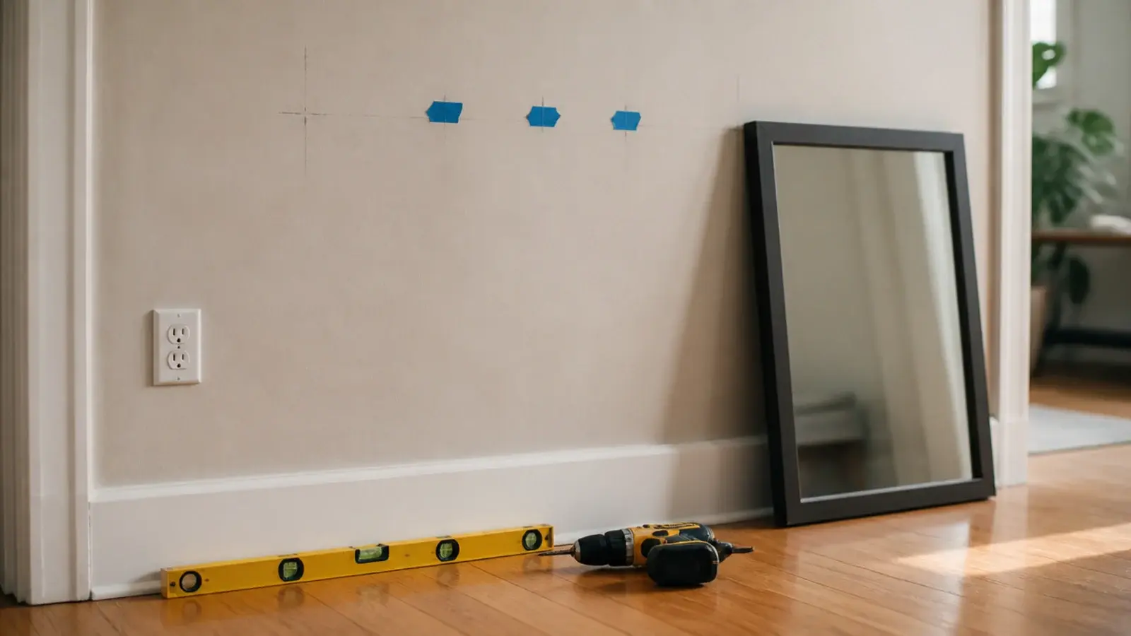 level and pencil marks on a wall beside a large mirror ready to hang