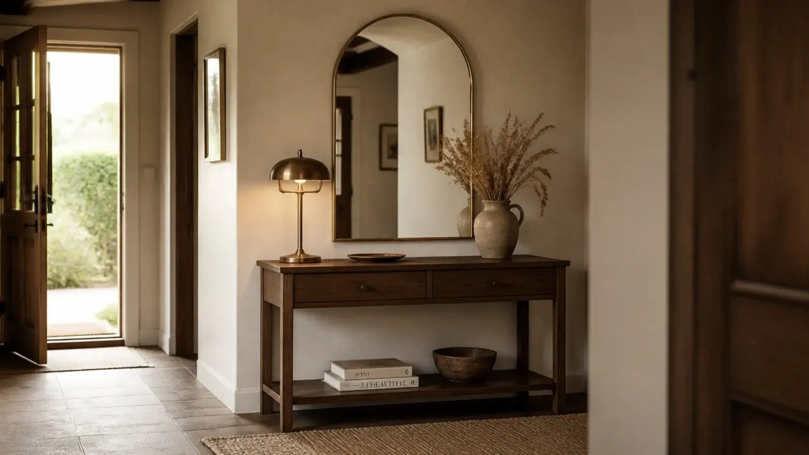 entryway wall mirror hung above a walnut console with a brass lamp