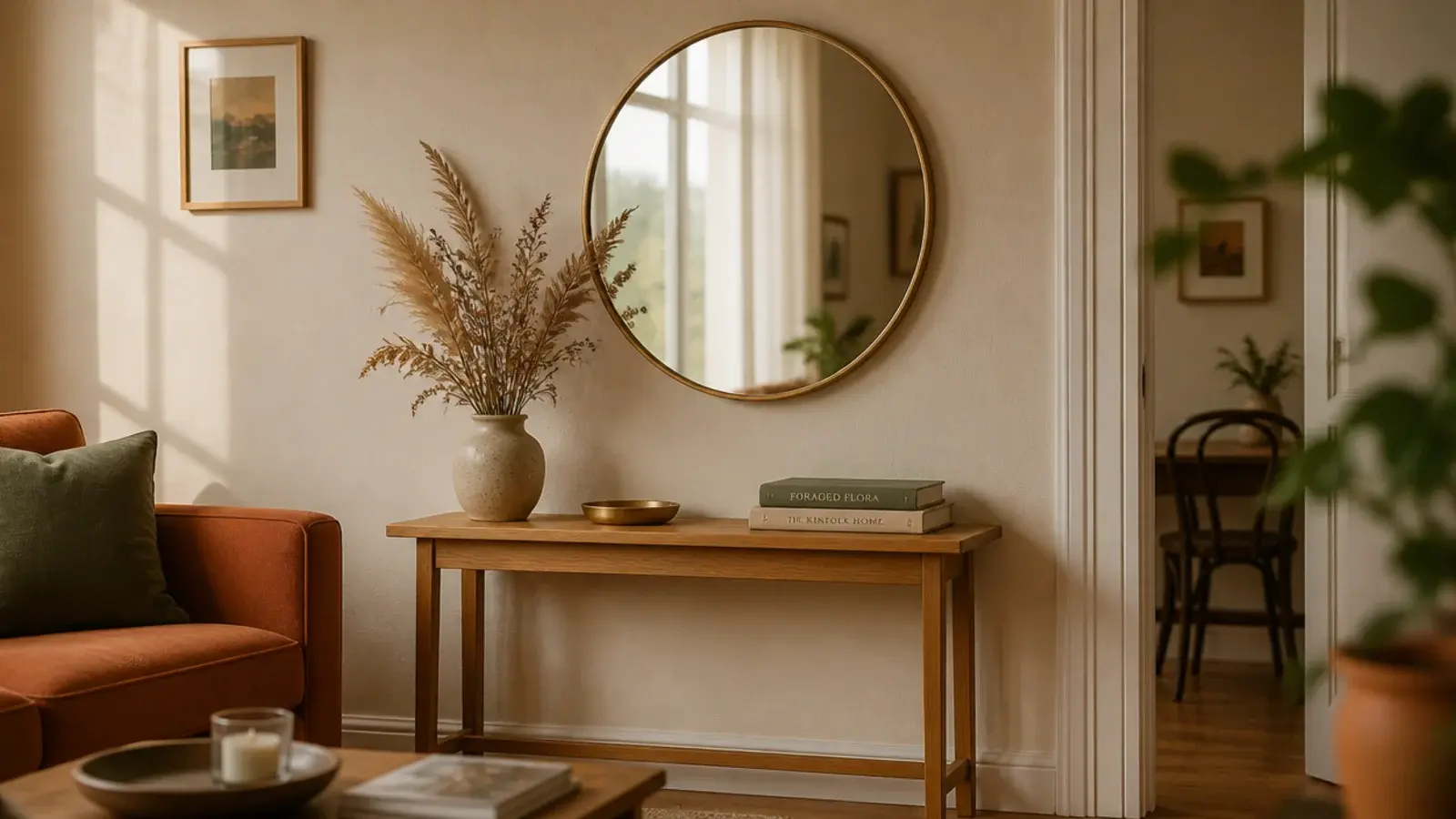 thin gold framed round mirror hung on a cream rental wall above a console