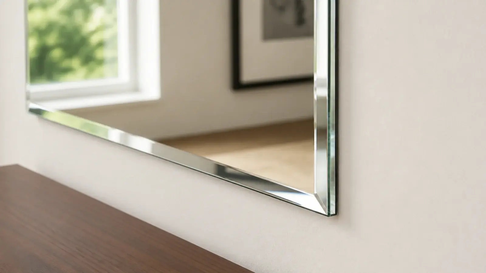 frameless bevelled mirror panel mounted flush on a pale rental wall