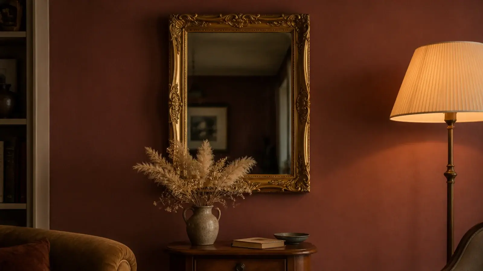 ornate thrifted gilt mirror hanging on a deep clay painted wall