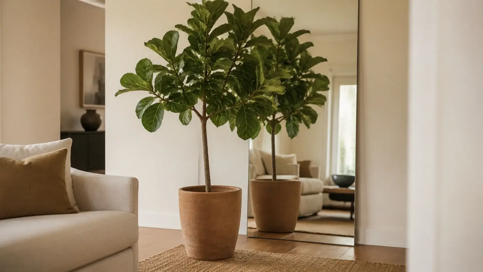 tall potted plant standing in front of a large living room wall mirror