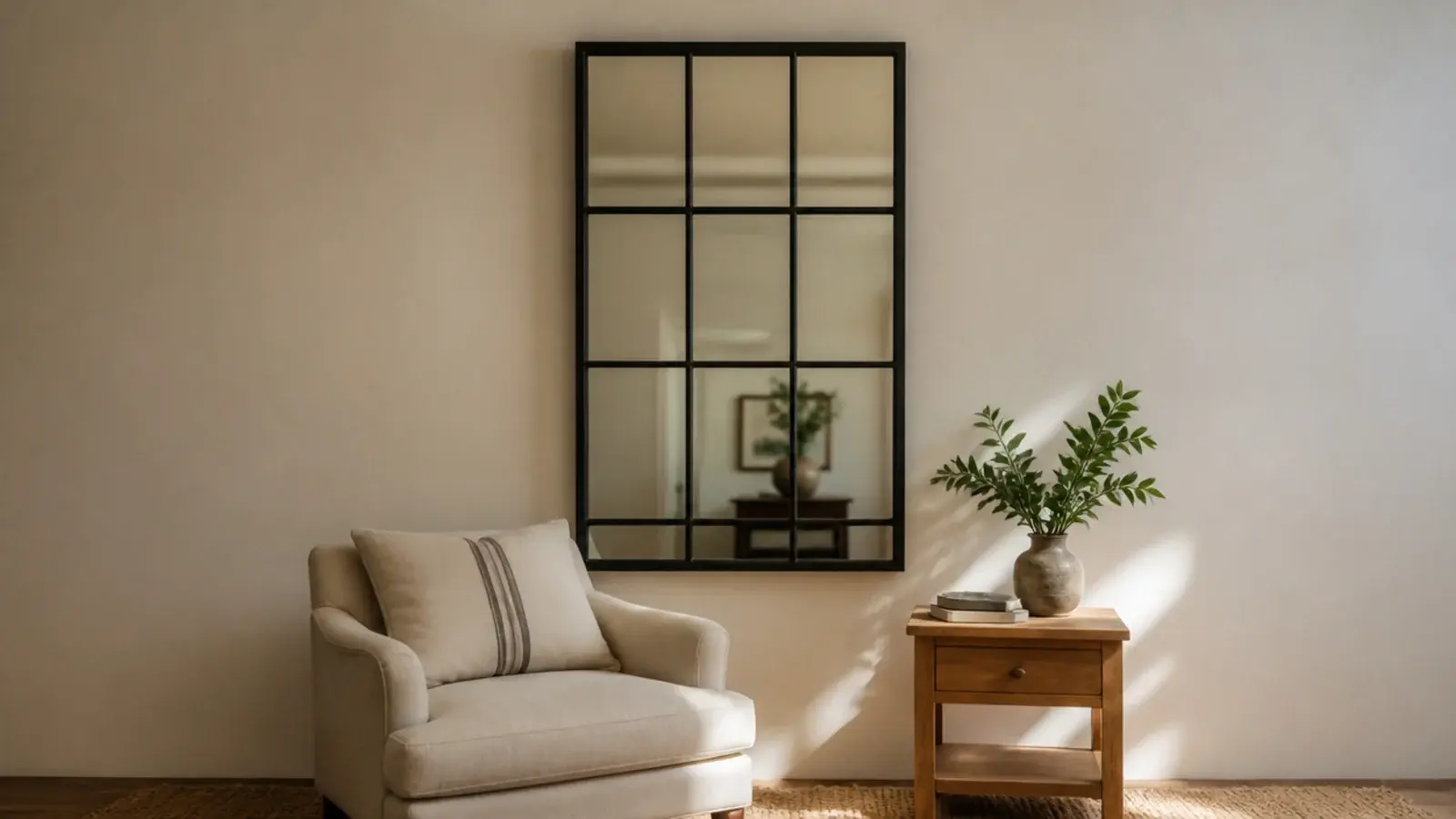 mullioned window style mirror hung on a windowless living room wall