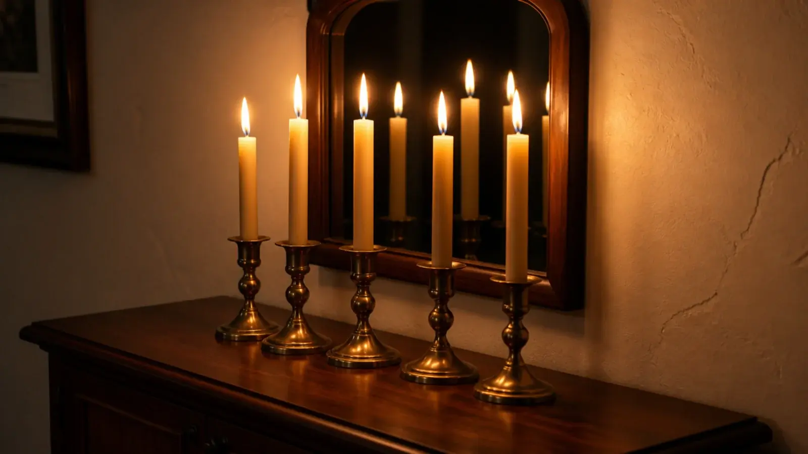 group of lit taper candles reflected in a small wall mirror at night