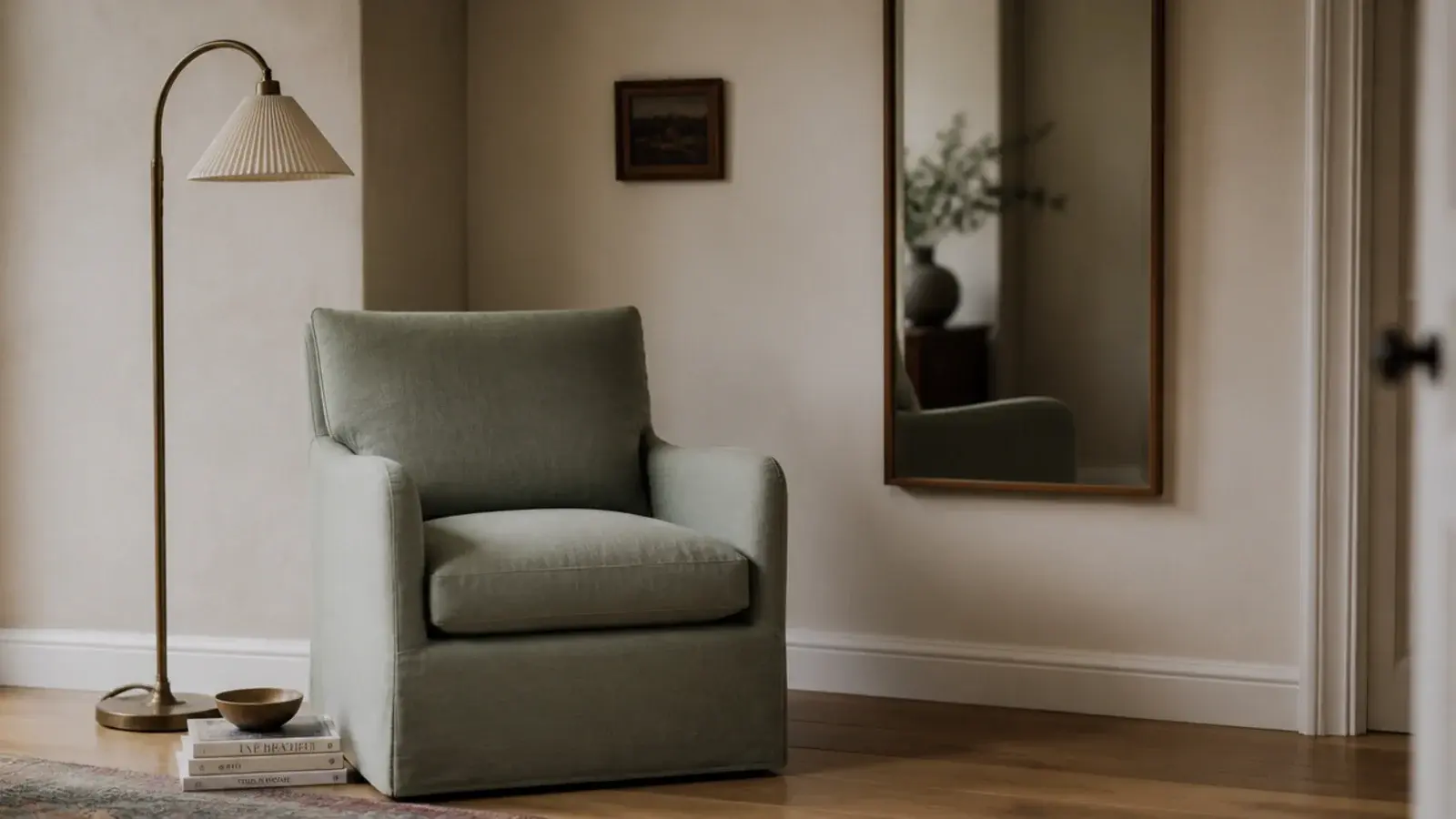 mirror hung on the wall beside a reading chair rather than above it