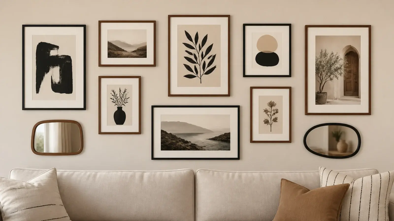living room gallery wall combining framed prints with two small mirrors