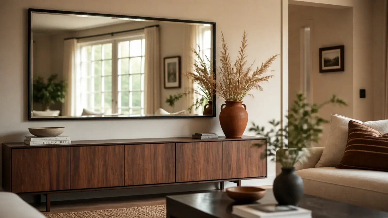 large mirror on a living room wall reflecting daylight above a low credenza