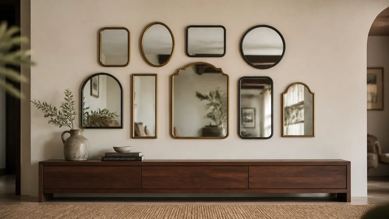 mirror cluster wall of mixed frames arranged above a walnut console