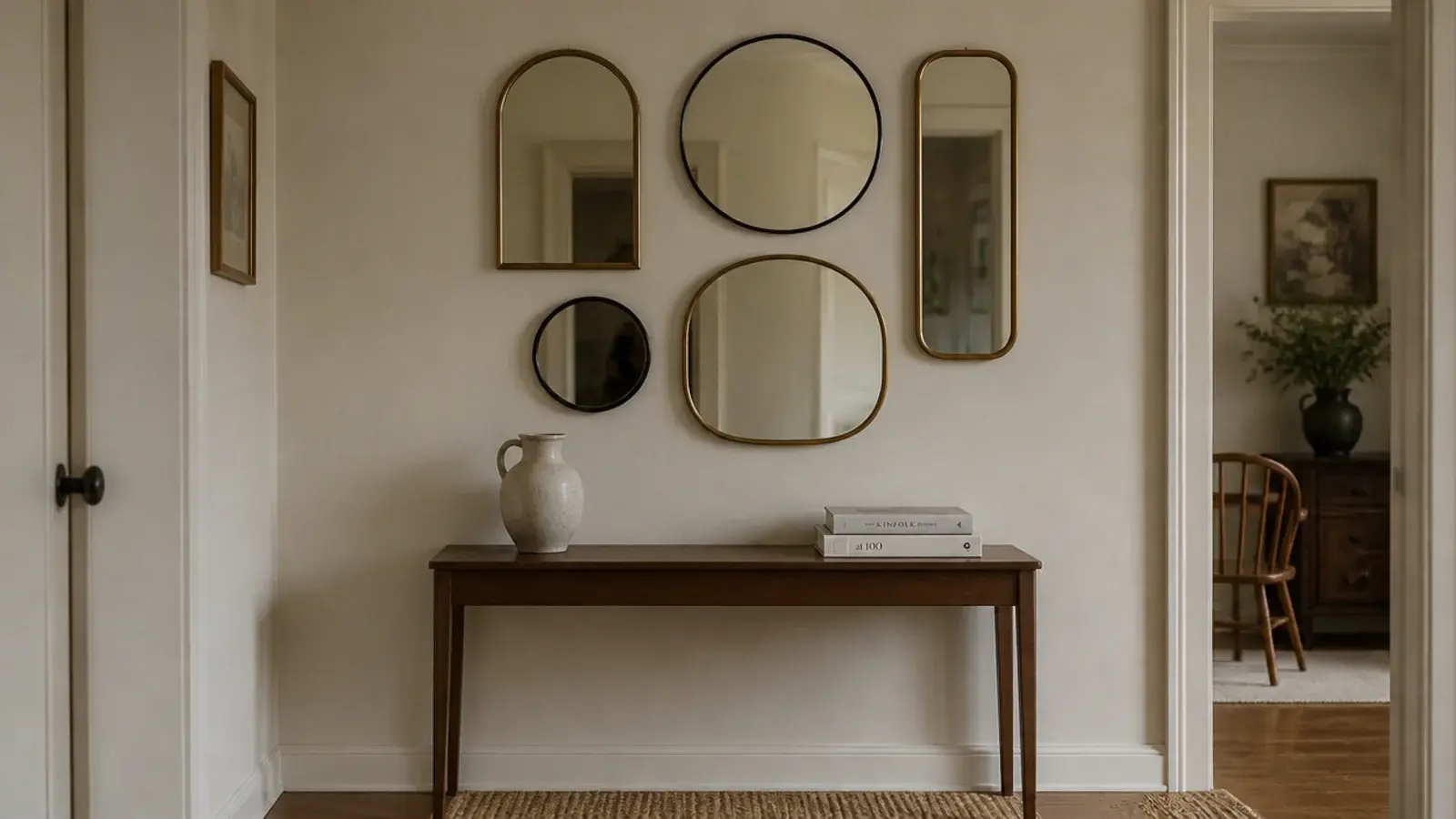 budget mirror gallery wall of thrifted frames above a small console