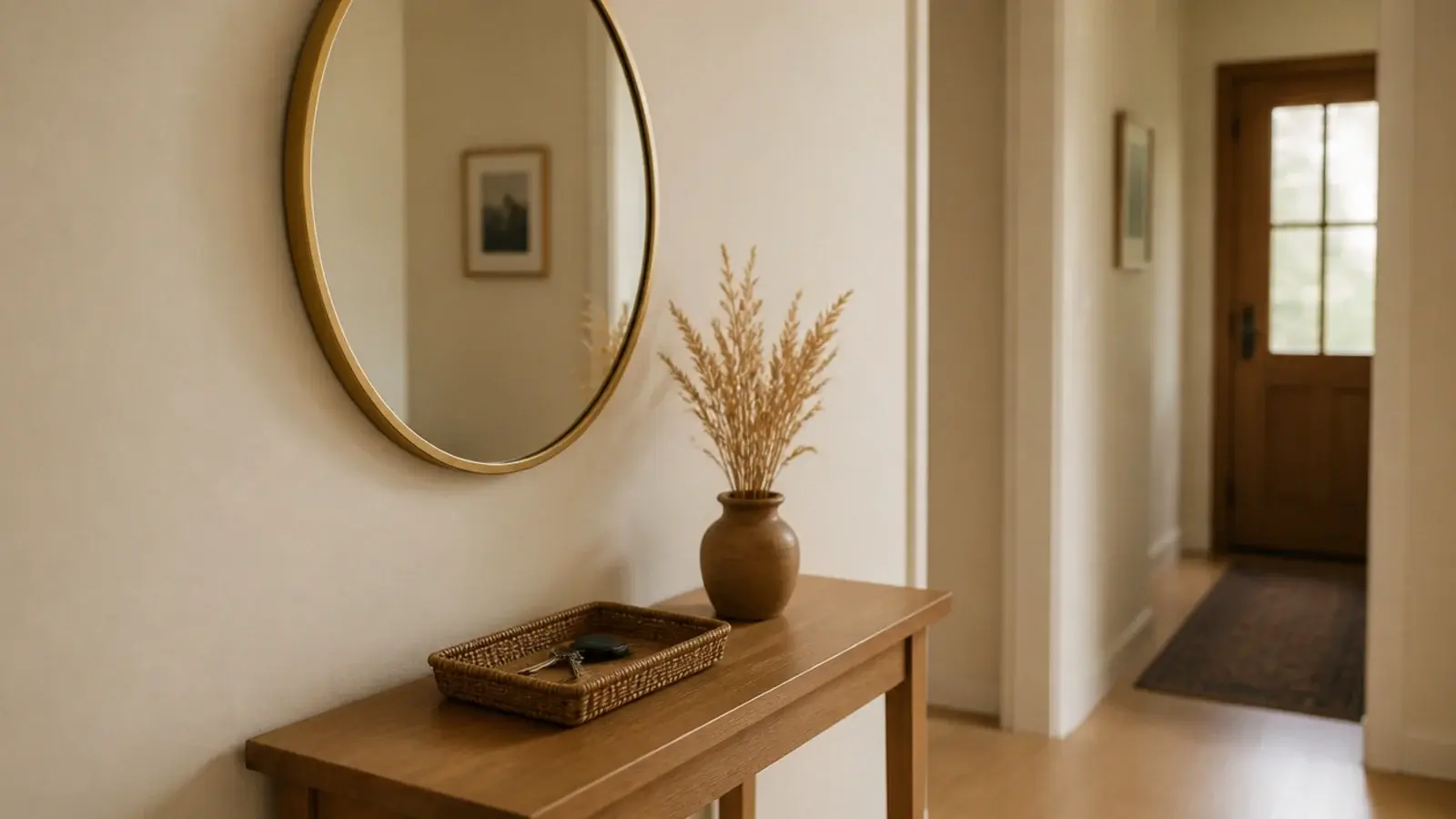 round mirror rehung at eye height above a narrow hallway console