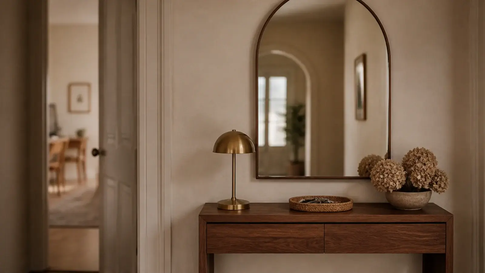 arched mirror lowered to sit closely above a walnut entry console