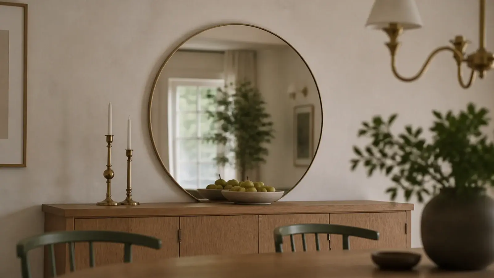 wide round mirror correctly scaled above a long dining room sideboard