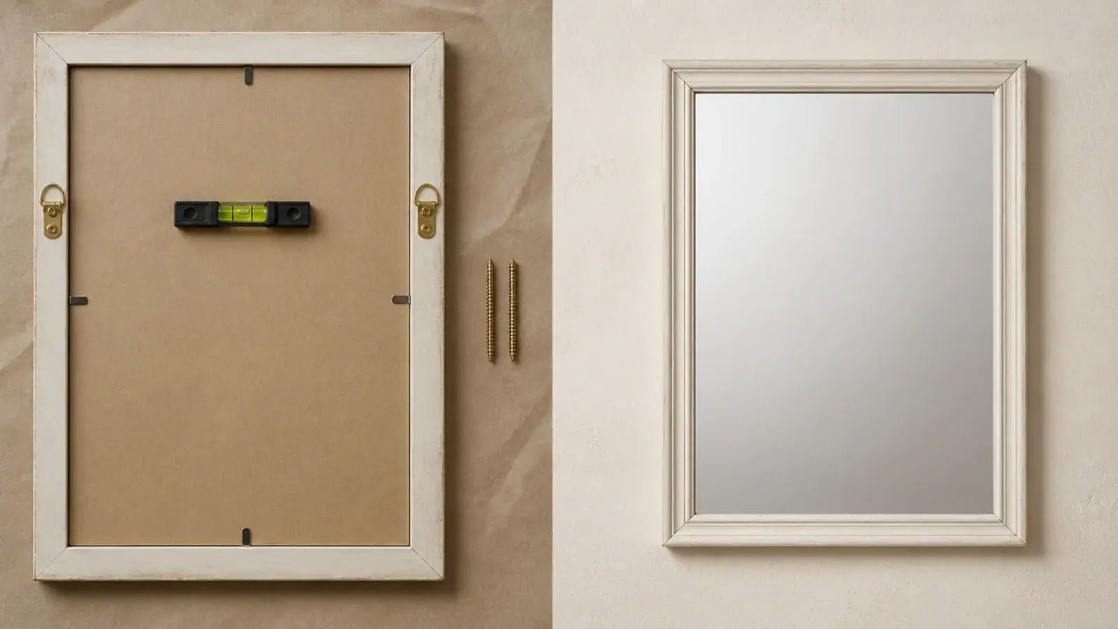 mirror rehung on two D rings sitting perfectly square on the wall
