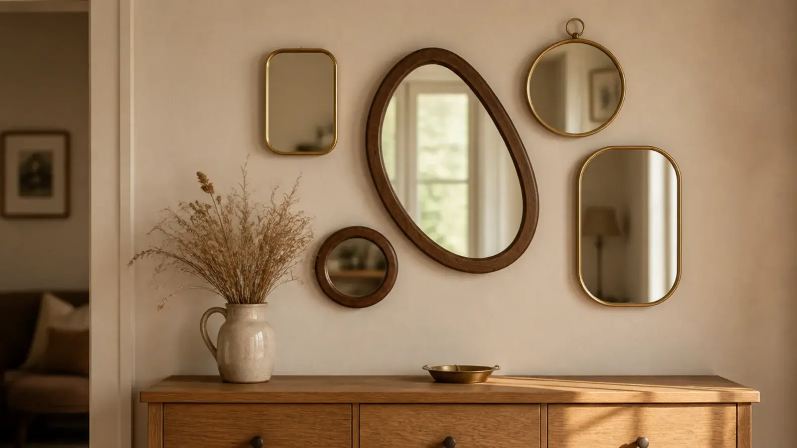 mirror wall before and after showing a corrected cluster above an oak console