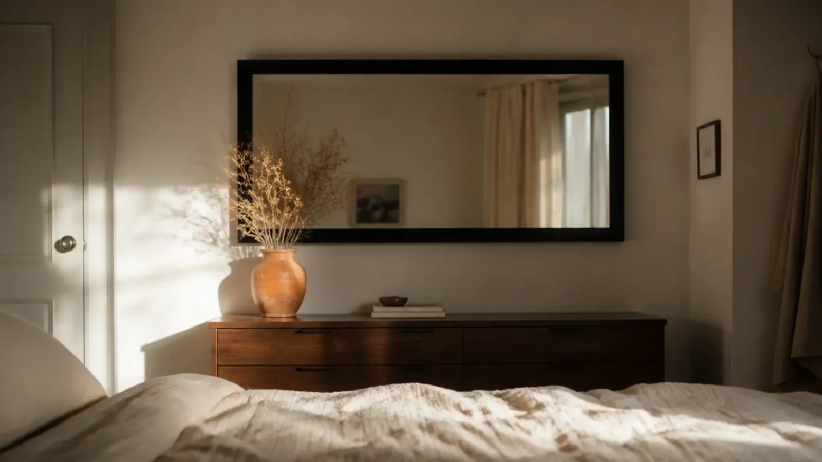 rectangular mirror centred on the wall directly facing a made bed