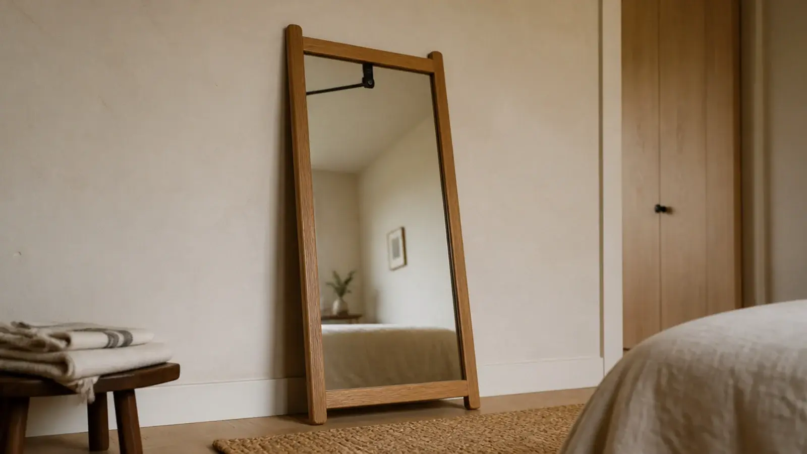 full length mirror leaning in a bedroom corner with an anti tip strap