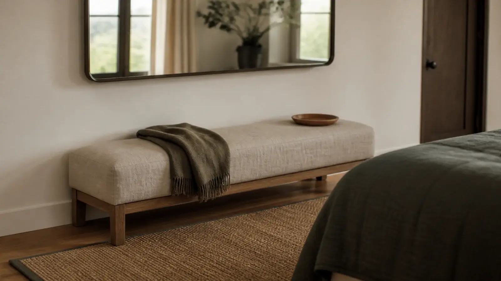 wide mirror hung low above an upholstered bench at the bed end