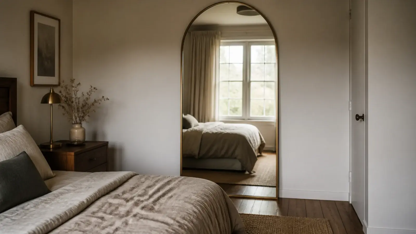 large wall mirror opposite a linen bed reflecting soft bedroom daylight