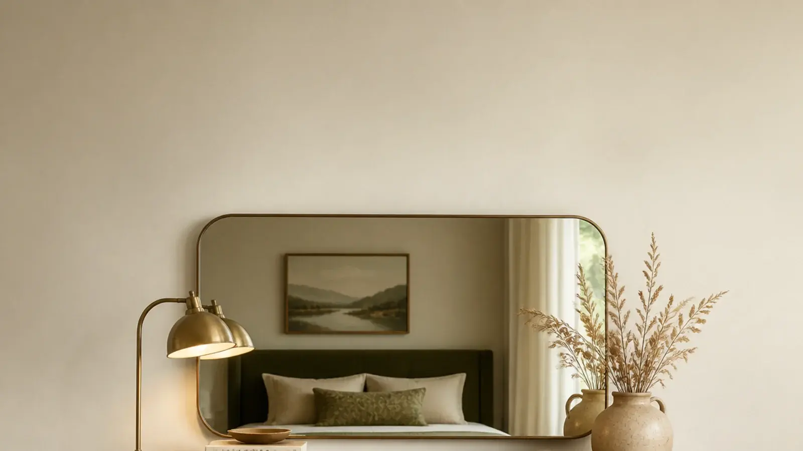 vertical bedroom wall with a mirror above a walnut dresser and lamp