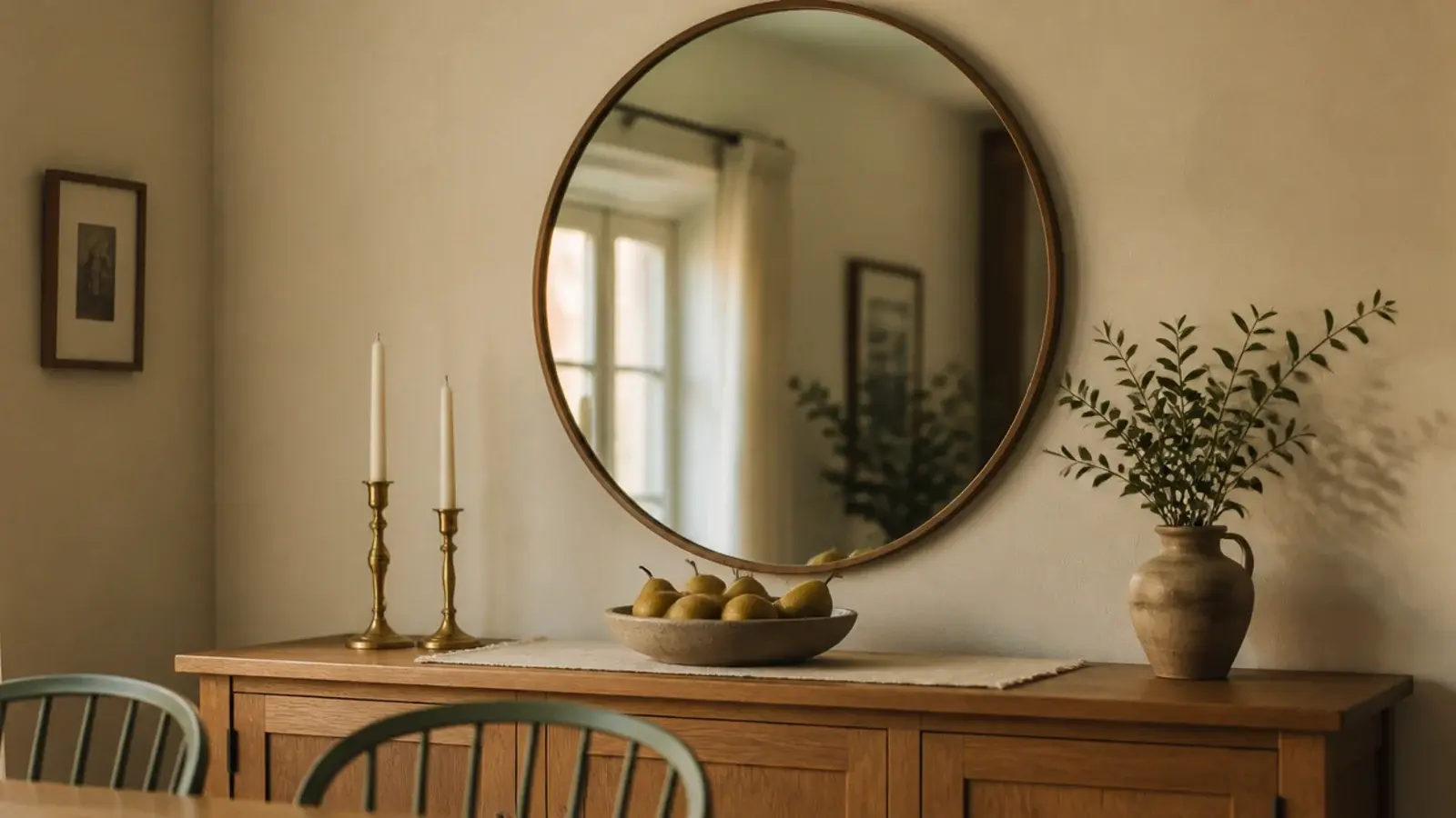 large round mirror wall decor above a dining room sideboard with candles