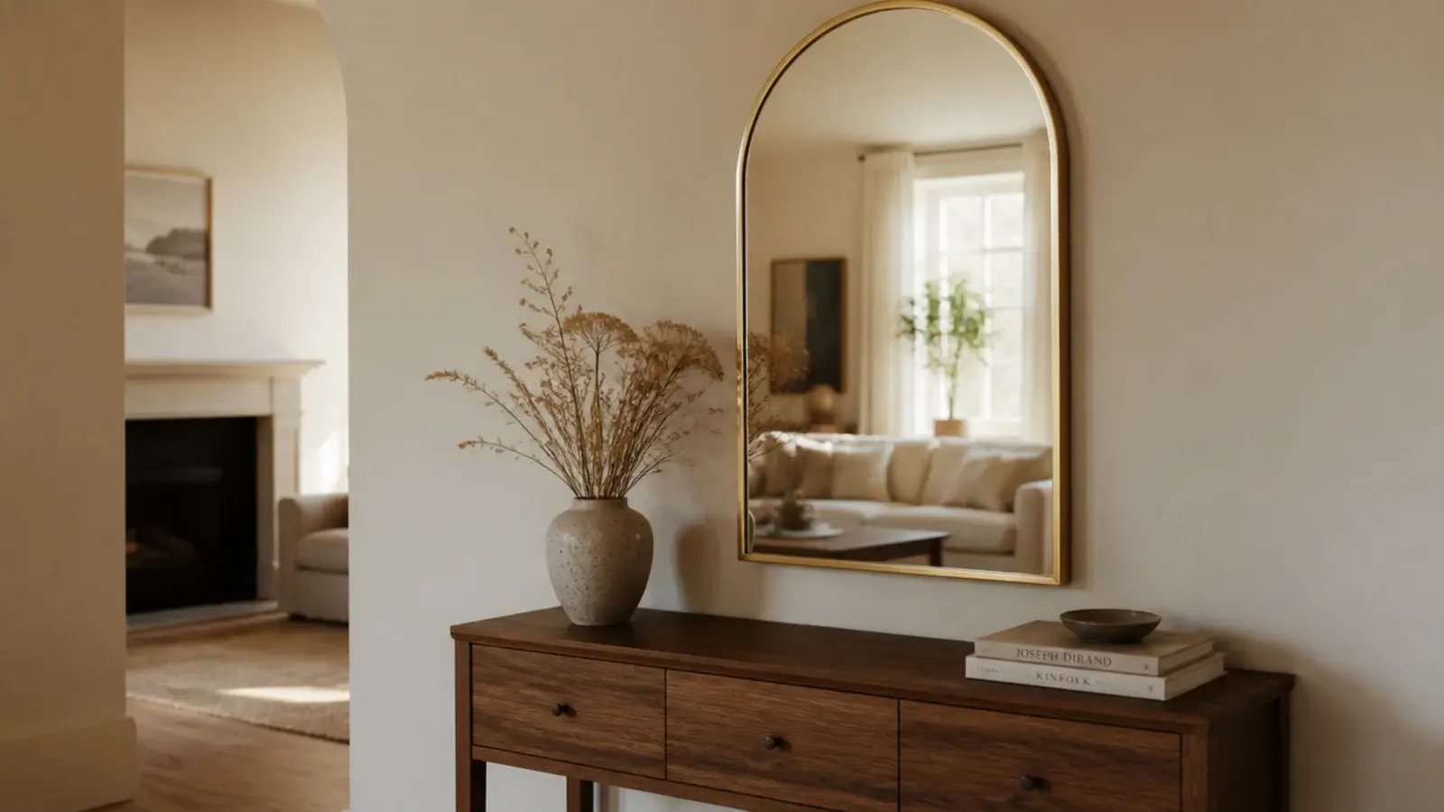 large arched wall mirror above a console bouncing daylight across a warm room